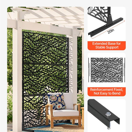 Metal Privacy Screen, 47" W x 72" H, Outdoor Privacy Screens & Panels, Freestanding Outdoor Divider with Stand, 3-Panel Decorative Garden Steel Privacy Fence for Balcony Patio Indoor Room Black.