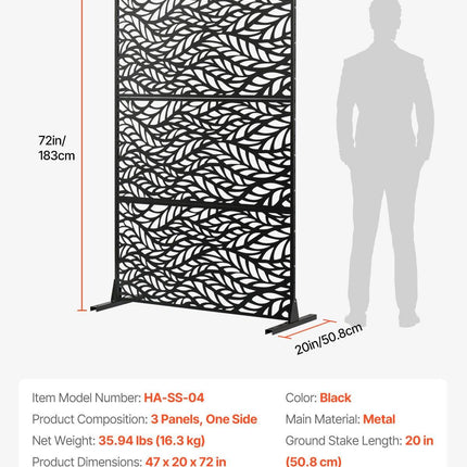 Metal Privacy Screen, 47" W x 72" H, Outdoor Privacy Screens & Panels, Freestanding Outdoor Divider with Stand, 3-Panel Decorative Garden Steel Privacy Fence for Balcony Patio Indoor Room Black.