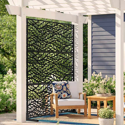 Metal Privacy Screen, 47" W x 72" H, Outdoor Privacy Screens & Panels, Freestanding Outdoor Divider with Stand, 3-Panel Decorative Garden Steel Privacy Fence for Balcony Patio Indoor Room Black.