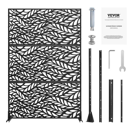 Metal Privacy Screen, 47" W x 72" H, Outdoor Privacy Screens & Panels, Freestanding Outdoor Divider with Stand, 3-Panel Decorative Garden Steel Privacy Fence for Balcony Patio Indoor Room Black.