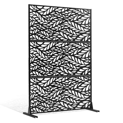 Metal Privacy Screen, 47" W x 72" H, Outdoor Privacy Screens & Panels, Freestanding Outdoor Divider with Stand, 3-Panel Decorative Garden Steel Privacy Fence for Balcony Patio Indoor Room Black.