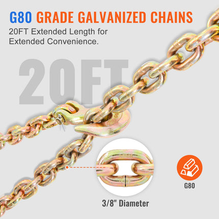 Ratchet Chain Binder 3/8"-1/2" Load Binders 12000 lbs w/ G80 Chains 4 Pcs.