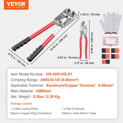 Battery Cable Lug Crimping Tool, 10-1/0AWG with Cable Cutter and 95PCS Copper Ring Terminals, 6 Wire Sizes Crimping Die and 100pcs Heat Shrink Tubes, for Heavy Duty Wire Lugs.