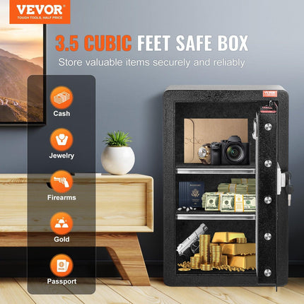 Single Door 3.5 cu.ft Safe Box with Key Lock & Password, Safe Lock Box with Fireproof Bag, Key Rack, LED Light, and 2 Shelves for Money, Documents, Jewelry, and Valuables, Black.
