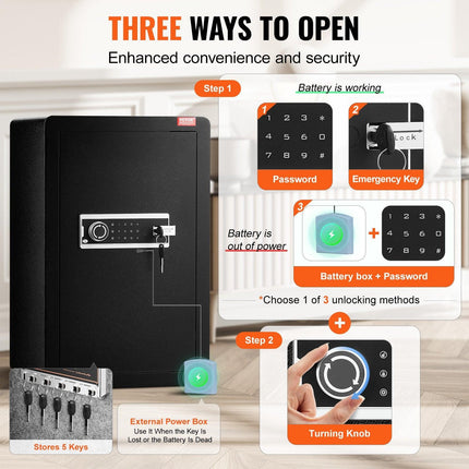 Single Door 3.5 cu.ft Safe Box with Key Lock & Password, Safe Lock Box with Fireproof Bag, Key Rack, LED Light, and 2 Shelves for Money, Documents, Jewelry, and Valuables, Black.