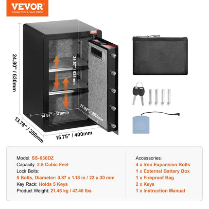 Single Door 3.5 cu.ft Safe Box with Key Lock & Password, Safe Lock Box with Fireproof Bag, Key Rack, LED Light, and 2 Shelves for Money, Documents, Jewelry, and Valuables, Black.