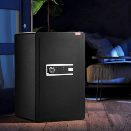 Single Door 3.5 cu.ft Safe Box with Key Lock & Password, Safe Lock Box with Fireproof Bag, Key Rack, LED Light, and 2 Shelves for Money, Documents, Jewelry, and Valuables, Black.