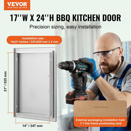 BBQ Access Door, 432x610 mm Single Outdoor Kitchen Door, Stainless Steel Flush Mount Door, Wall Vertical Door with Handle, for BBQ Island, Grilling Station, Outside Cabinet.