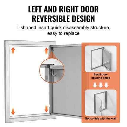 BBQ Access Door, 432x610 mm Single Outdoor Kitchen Door, Stainless Steel Flush Mount Door, Wall Vertical Door with Handle, for BBQ Island, Grilling Station, Outside Cabinet.