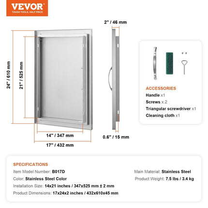 BBQ Access Door, 432x610 mm Single Outdoor Kitchen Door, Stainless Steel Flush Mount Door, Wall Vertical Door with Handle, for BBQ Island, Grilling Station, Outside Cabinet.