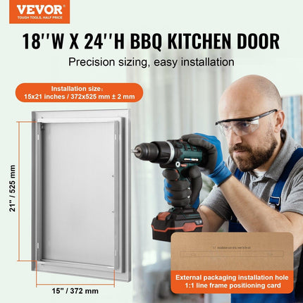 BBQ Access Door, 457x610 mm Single Outdoor Kitchen Door, Stainless Steel Flush Mount Door, Wall Vertical Door with Handle, for BBQ Island, Grilling Station, Outside Cabinet.