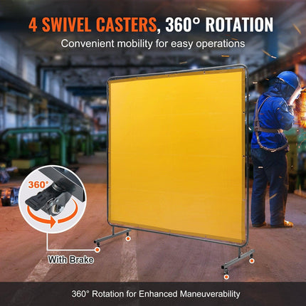 Welding Screen with Frame, 6' x 6' Welding Curtain Screen, Flame-Resistant Vinyl Welding Protection Screen on 4 Swivel Wheel (2 Lockable), Moveable & Professional for Workshop/Industrial, Yellow.
