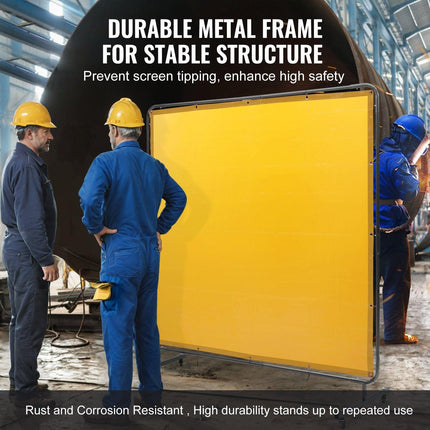 Welding Screen with Frame, 6' x 6' Welding Curtain Screen, Flame-Resistant Vinyl Welding Protection Screen on 4 Swivel Wheel (2 Lockable), Moveable & Professional for Workshop/Industrial, Yellow.