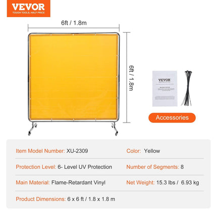 Welding Screen with Frame, 6' x 6' Welding Curtain Screen, Flame-Resistant Vinyl Welding Protection Screen on 4 Swivel Wheel (2 Lockable), Moveable & Professional for Workshop/Industrial, Yellow.