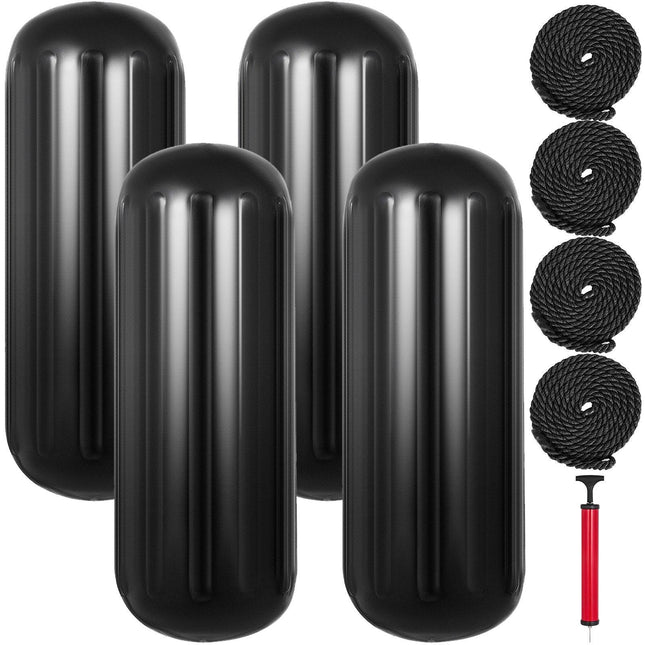 Boat Fenders, 10" x 28" Ribbed Fender, 4 Pack Boat Bumpers, Hole Through Middle Ribbed Inflatable Boat Fender with 4 Ropes, for Pontoon Boat Sailboat, Ski Boat, Black.