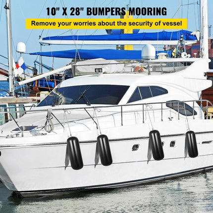 Boat Fenders, 10" x 28" Ribbed Fender, 4 Pack Boat Bumpers, Hole Through Middle Ribbed Inflatable Boat Fender with 4 Ropes, for Pontoon Boat Sailboat, Ski Boat, Black.