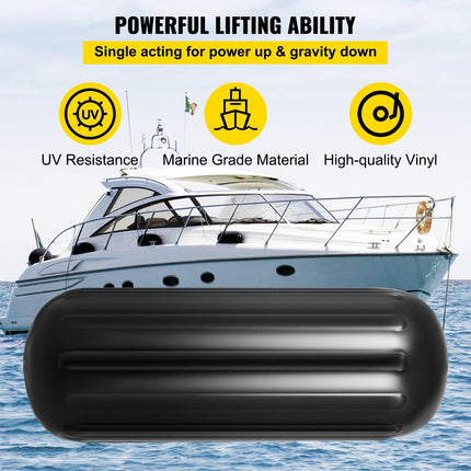 Boat Fenders, 10" x 28" Ribbed Fender, 4 Pack Boat Bumpers, Hole Through Middle Ribbed Inflatable Boat Fender with 4 Ropes, for Pontoon Boat Sailboat, Ski Boat, Black.