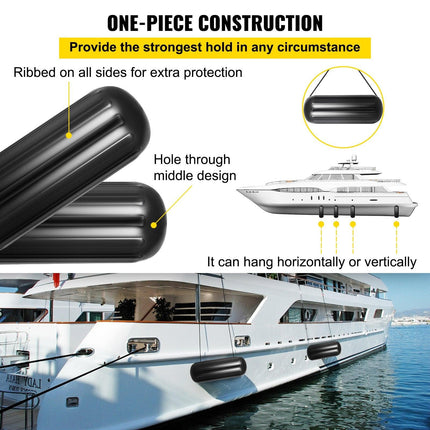Boat Fenders, 10" x 28" Ribbed Fender, 4 Pack Boat Bumpers, Hole Through Middle Ribbed Inflatable Boat Fender with 4 Ropes, for Pontoon Boat Sailboat, Ski Boat, Black.