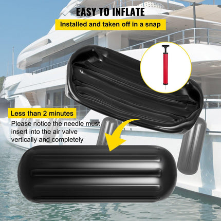 Boat Fenders, 10" x 28" Ribbed Fender, 4 Pack Boat Bumpers, Hole Through Middle Ribbed Inflatable Boat Fender with 4 Ropes, for Pontoon Boat Sailboat, Ski Boat, Black.