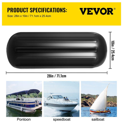 Boat Fenders, 10" x 28" Ribbed Fender, 4 Pack Boat Bumpers, Hole Through Middle Ribbed Inflatable Boat Fender with 4 Ropes, for Pontoon Boat Sailboat, Ski Boat, Black.