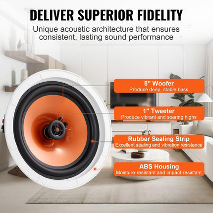 4 PCs 203.2 mm in Ceiling Speakers, 100-Watts, Flush Mount Ceiling & in-Wall Speakers System with 8ΩImpedance 89dB Sensitivity, for Home Kitchen Living Room Bedroom or Covered Outdoor Porches.