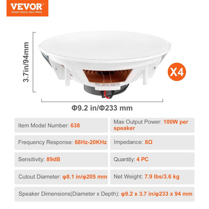 4 PCs 203.2 mm in Ceiling Speakers, 100-Watts, Flush Mount Ceiling & in-Wall Speakers System with 8ΩImpedance 89dB Sensitivity, for Home Kitchen Living Room Bedroom or Covered Outdoor Porches.