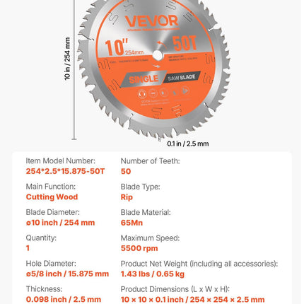 Circular Saw Blade, 254 mm Diameter, 50 Sharp Alloy Teeth, 15.875 mm Arbor, Fine Finish, Wood Cutting Blade for Circular Saw, with Noise-Reducing Heat Vents, for Cutting Plywood, OSB, Hardwood.
