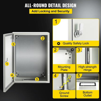Steel Electrical Box 16'' x 12'' x 8'' Electrical Enclosure Box, Carbon Steel Hinged Junction Box, IP65 Weatherproof Metal Box Wall-Mounted Electronic Equipment Enclosure Box with Mounting Plate.