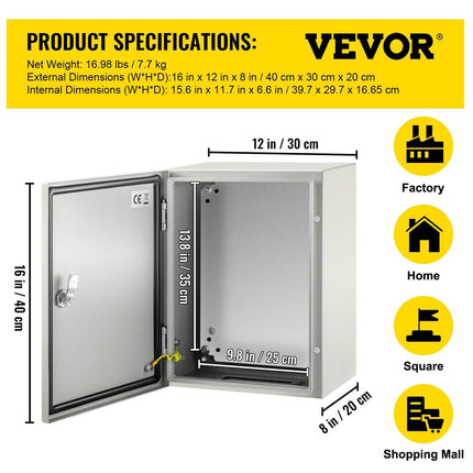 Steel Electrical Box 16'' x 12'' x 8'' Electrical Enclosure Box, Carbon Steel Hinged Junction Box, IP65 Weatherproof Metal Box Wall-Mounted Electronic Equipment Enclosure Box with Mounting Plate.