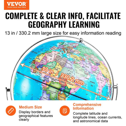 Rotating World Globe with Stand, 330.2 mm, Educational Geographic Globe with Precise Time Zone ABS Material, Spinning Globe for Kids Children Learning Classroom Geography Education.