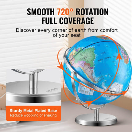 Rotating World Globe with Stand, 330.2 mm, Educational Geographic Globe with Precise Time Zone ABS Material, Spinning Globe for Kids Children Learning Classroom Geography Education.