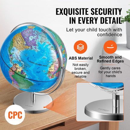 Rotating World Globe with Stand, 330.2 mm, Educational Geographic Globe with Precise Time Zone ABS Material, Spinning Globe for Kids Children Learning Classroom Geography Education.