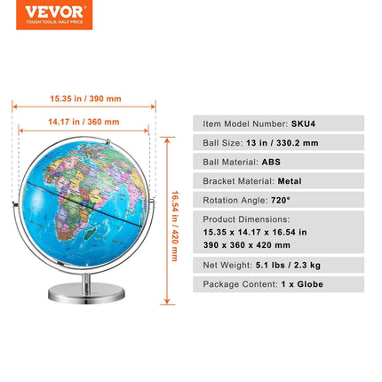 Rotating World Globe with Stand, 330.2 mm, Educational Geographic Globe with Precise Time Zone ABS Material, Spinning Globe for Kids Children Learning Classroom Geography Education.