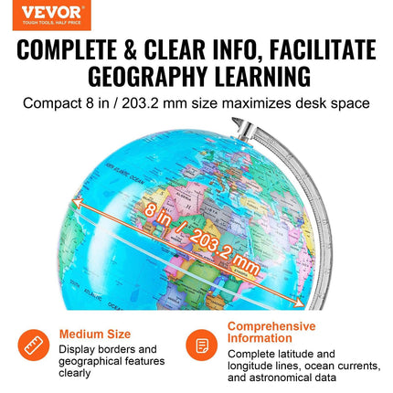 Rotating World Globe with Stand, 203.2 mm, Educational Geographic Globe with Precise Time Zone ABS Material, 360° Spinning Globe for Kids Children Learning Classroom Geography Education.