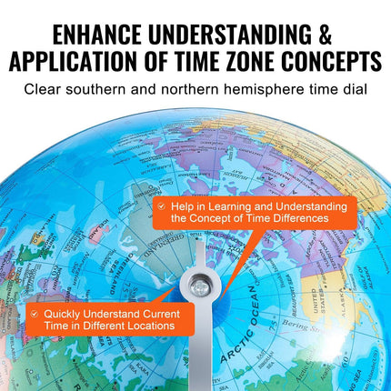 Rotating World Globe with Stand, 203.2 mm, Educational Geographic Globe with Precise Time Zone ABS Material, 360° Spinning Globe for Kids Children Learning Classroom Geography Education.
