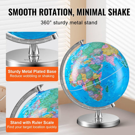Rotating World Globe with Stand, 203.2 mm, Educational Geographic Globe with Precise Time Zone ABS Material, 360° Spinning Globe for Kids Children Learning Classroom Geography Education.