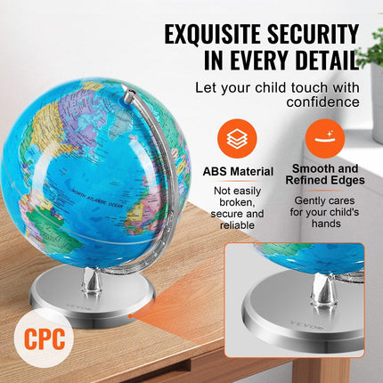 Rotating World Globe with Stand, 203.2 mm, Educational Geographic Globe with Precise Time Zone ABS Material, 360° Spinning Globe for Kids Children Learning Classroom Geography Education.