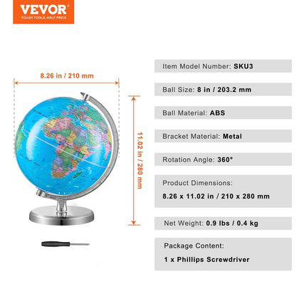 Rotating World Globe with Stand, 203.2 mm, Educational Geographic Globe with Precise Time Zone ABS Material, 360° Spinning Globe for Kids Children Learning Classroom Geography Education.