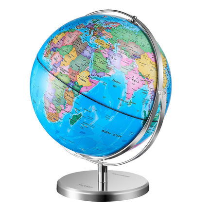 Illuminated World Globe with Stand, 228.6 mm, Educational Earth Globe with Stable Heavy Metal Base and LED Constellation Night Light HD Printed Map, Spinning for Kids Classroom Learning.