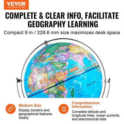 Illuminated World Globe with Stand, 228.6 mm, Educational Earth Globe with Stable Heavy Metal Base and LED Constellation Night Light HD Printed Map, Spinning for Kids Classroom Learning.