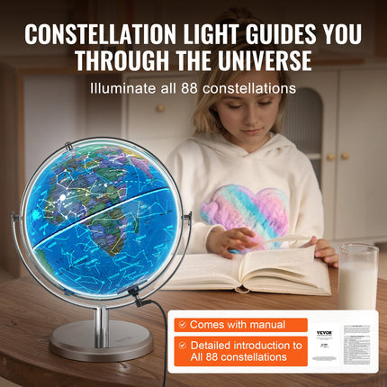 Illuminated World Globe with Stand, 228.6 mm, Educational Earth Globe with Stable Heavy Metal Base and LED Constellation Night Light HD Printed Map, Spinning for Kids Classroom Learning.