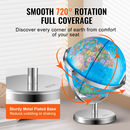 Illuminated World Globe with Stand, 228.6 mm, Educational Earth Globe with Stable Heavy Metal Base and LED Constellation Night Light HD Printed Map, Spinning for Kids Classroom Learning.