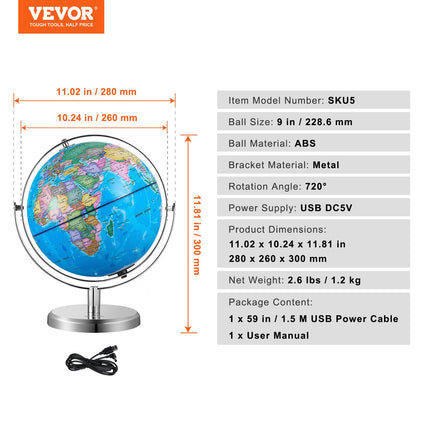 Illuminated World Globe with Stand, 228.6 mm, Educational Earth Globe with Stable Heavy Metal Base and LED Constellation Night Light HD Printed Map, Spinning for Kids Classroom Learning.
