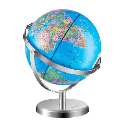 Illuminated World Globe with Stand, 228.6 mm, Educational Earth Globe with Stable Heavy Metal Base and LED Constellation Night Light HD Printed Map, Spinning for Kids Classroom Learning.