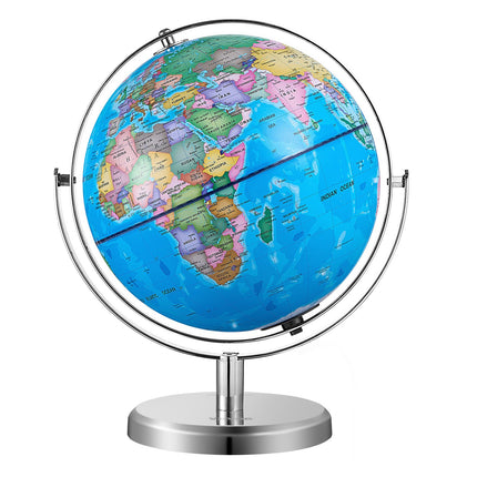 Illuminated World Globe with Stand, 228.6 mm, Educational Earth Globe with Stable Heavy Metal Base and LED Constellation Night Light HD Printed Map, Spinning for Kids Classroom Learning.