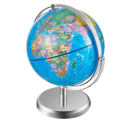 Illuminated World Globe with Stand, 228.6 mm, Educational Earth Globe with Stable Heavy Metal Base and LED Constellation Night Light HD Printed Map, Spinning for Kids Classroom Learning.