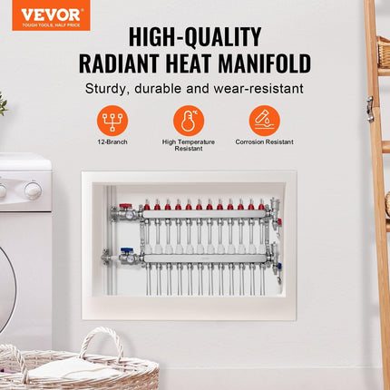 12-Branch Radiant Heat Manifold, 1/2" PEX Tubing Manifold, Stainless Steel PEX Manifold for Hydronic Radiant Floor Heating, Radiant Heat PEX Manifold Kit with 1/2" Adapters Included.