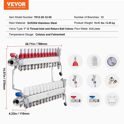 12-Branch Radiant Heat Manifold, 1/2" PEX Tubing Manifold, Stainless Steel PEX Manifold for Hydronic Radiant Floor Heating, Radiant Heat PEX Manifold Kit with 1/2" Adapters Included.