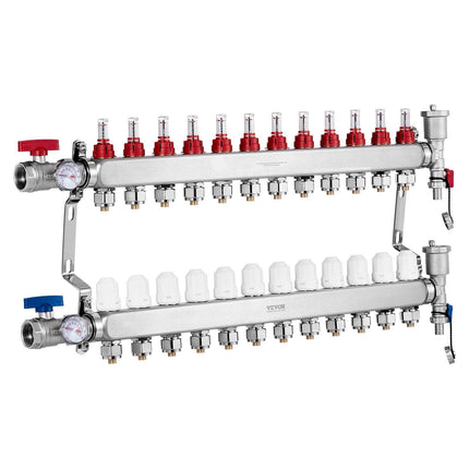 12-Branch Radiant Heat Manifold, 1/2" PEX Tubing Manifold, Stainless Steel PEX Manifold for Hydronic Radiant Floor Heating, Radiant Heat PEX Manifold Kit with 1/2" Adapters Included.