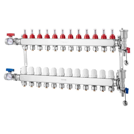 12-Branch Radiant Heat Manifold, 1/2" PEX Tubing Manifold, Stainless Steel PEX Manifold for Hydronic Radiant Floor Heating, Radiant Heat PEX Manifold Kit with 1/2" Adapters Included.
